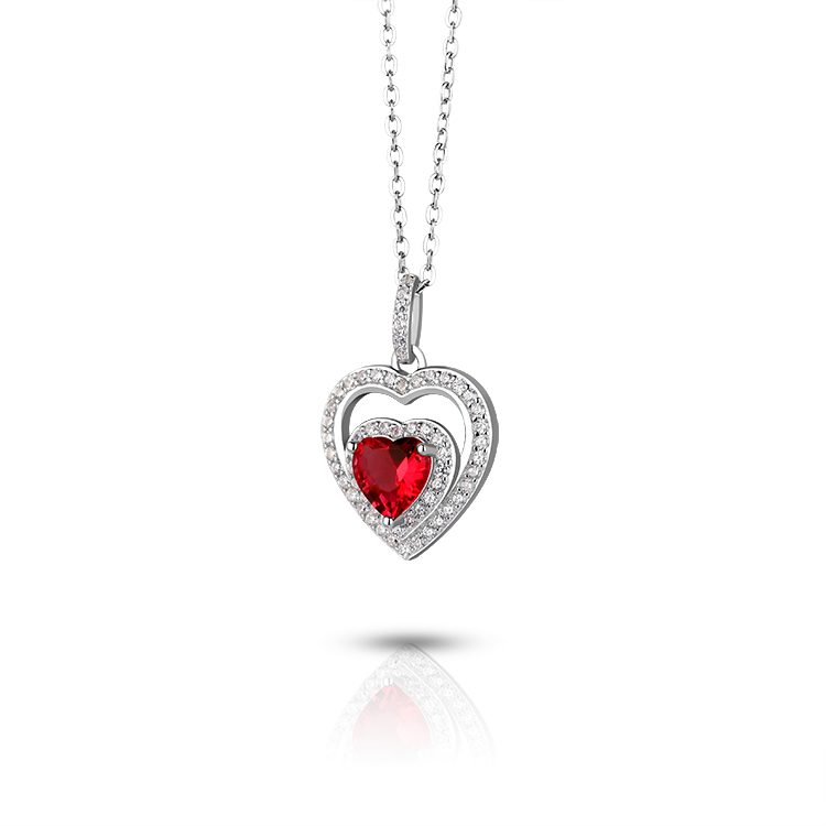 Collar con Colgante de Halo de Corazón Rojo con Circonitas, Plata 925, Regalo Romántico de San Valentín para Ella, Regalo Significativo para Aniversario