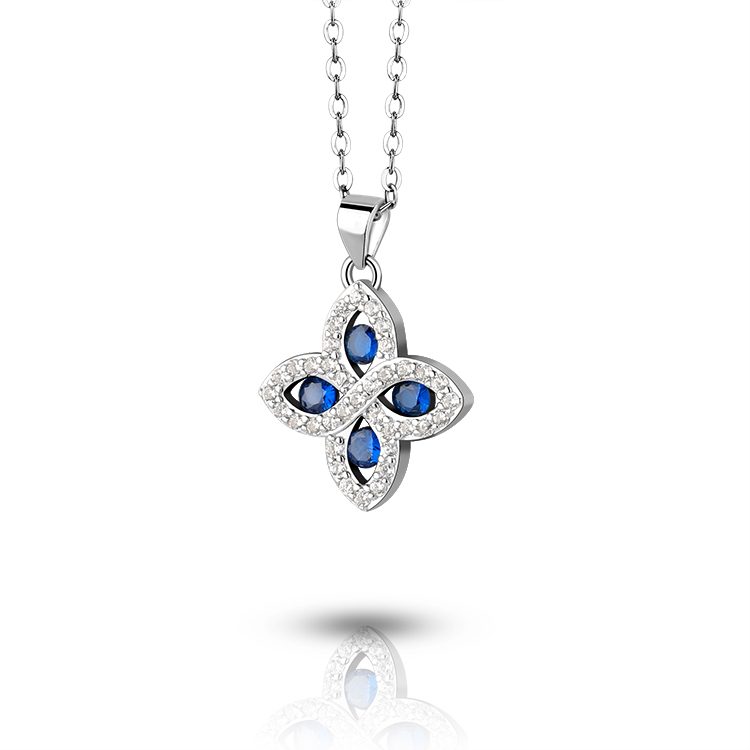 Collar con Colgante de Cuatro Pétalos de Circonita Azul, Plata de Ley 925, Elegante Regalo para Cualquier Ocasión, Joyería Clásica Atemporal