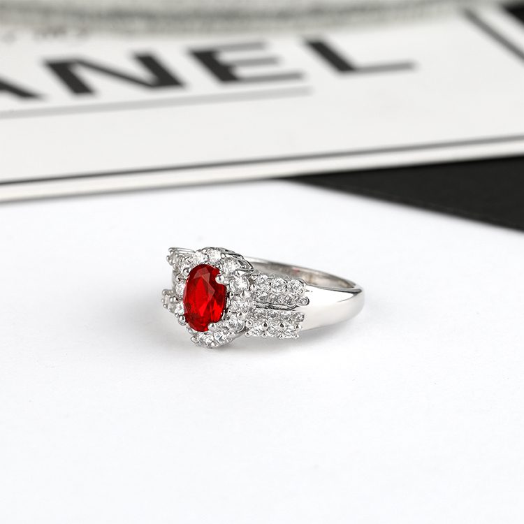 Anillo Clásico Ovalado de Plata de Ley 925 con Aspecto de Rubí y Piedras Laterales de Circonita Cúbica, Anillo Vintage de Corazón Rojo con Circonita y Micropavé