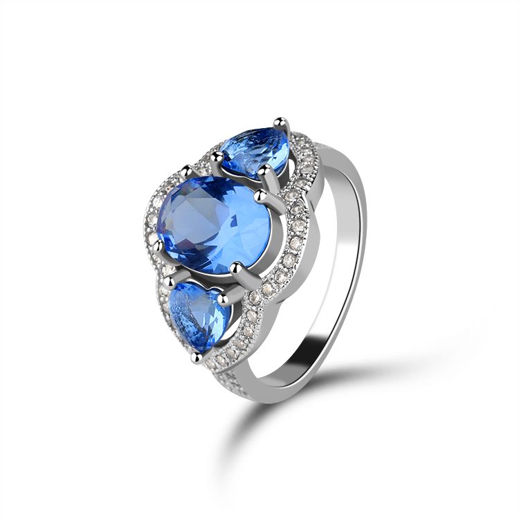 Anillo Geométrico de Plata 925 con Circonita Azul Brillante, Joyería de Circonita Cúbica para Damas, Regalo de Aniversario