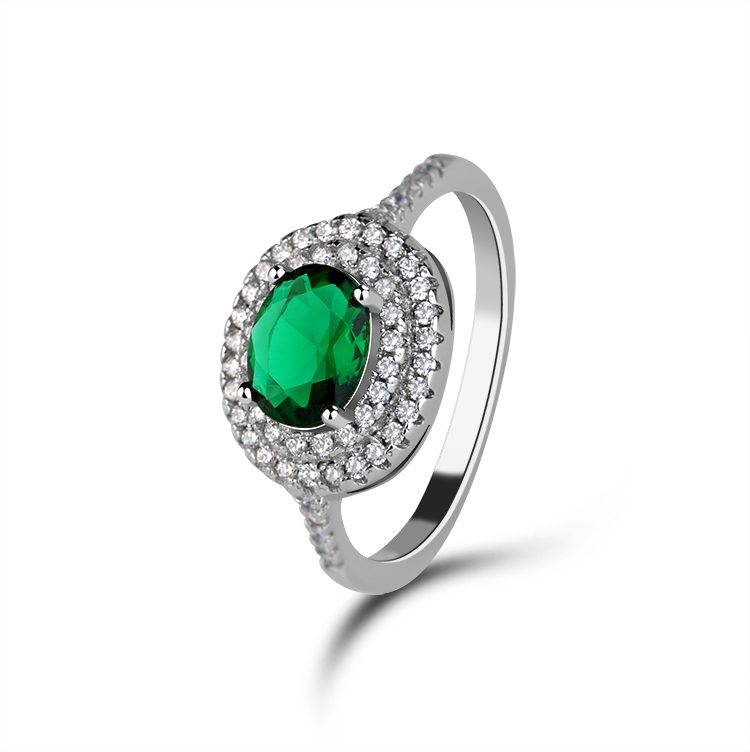 Anillo de lujo de Plata de Ley 925 Esmeralda halo para mujer con acentos de circón perfecto para propuesta regalo de compromiso al por mayor